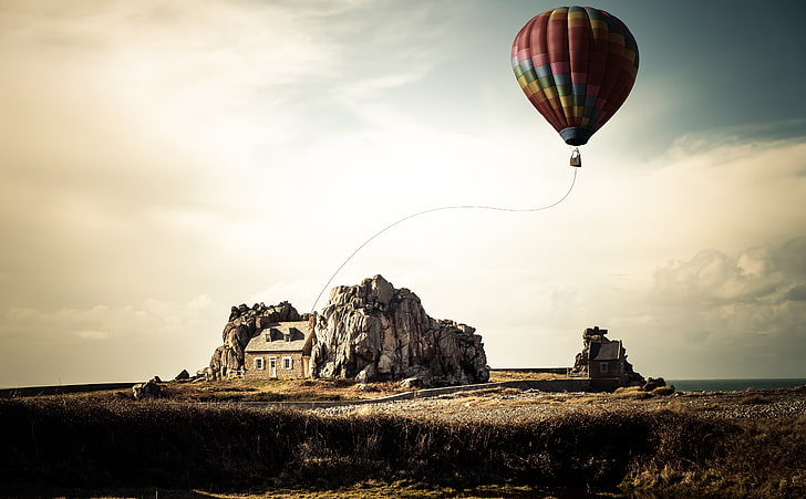 Adventure Awaits, Aero, Creative, View, Travel, Nature, Landscape, Balloon, Flying, Sunset, Journey, Photoshop, Trip, House, Aerial, Outdoors, France, Adventure, Discovery, hanging, Brittany, Explore, excursion, places, visit, hotairballoon, LateAfternoon, HD wallpaper