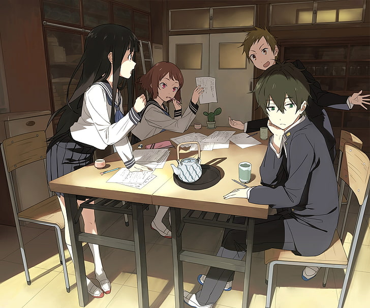 Hyouka, Chitanda Eru, Oreki Houtarou, Fukube Satoshi und Ibara Mayaka, HD-Hintergrundbild