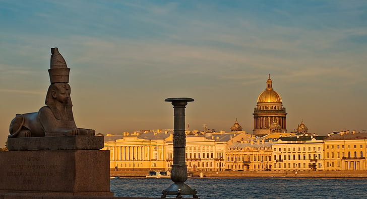 建築、建物、古い建物、都市、都市の景観、サンクトペテルブルク、ロシア、スフィンクス、彫刻、川、大聖堂、ドーム、雲、テキスト、 HDデスクトップの壁紙