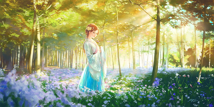 été, fille, lumière, clairière, kimono, fleurs, lisière de la forêt, Fond d'écran HD