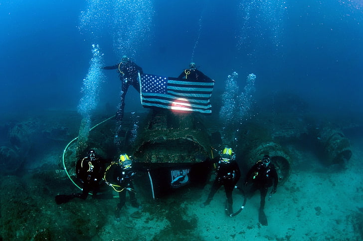 USA flag, scuba, American flag, pow, divers, diving, underwater, flag, Fondo de pantalla HD