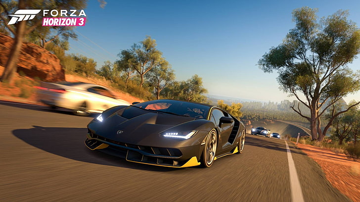 черный Lamborghini, спорткар, Forza, forza horizon 3, гонки, авто, HD обои