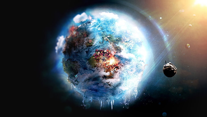 planet illustration, world, fire, Earth, frozen, futuristic, destruction, outer space, HD wallpaper