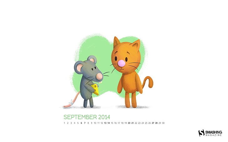 理解-2014年9月カレンダー壁紙、茶色の猫と灰色のマウスの図、 HDデスクトップの壁紙
