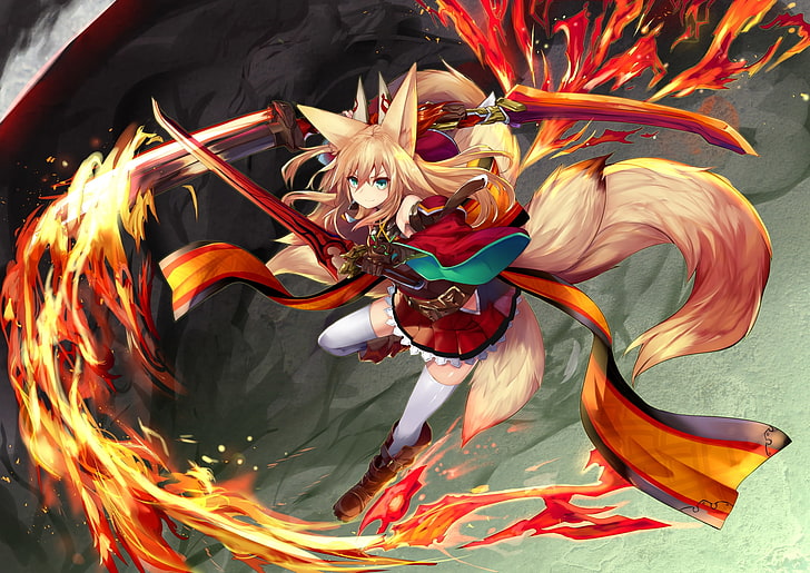 fox girl, sword, flame, animal ears, nine tails, green eyes, Anime, HD wallpaper