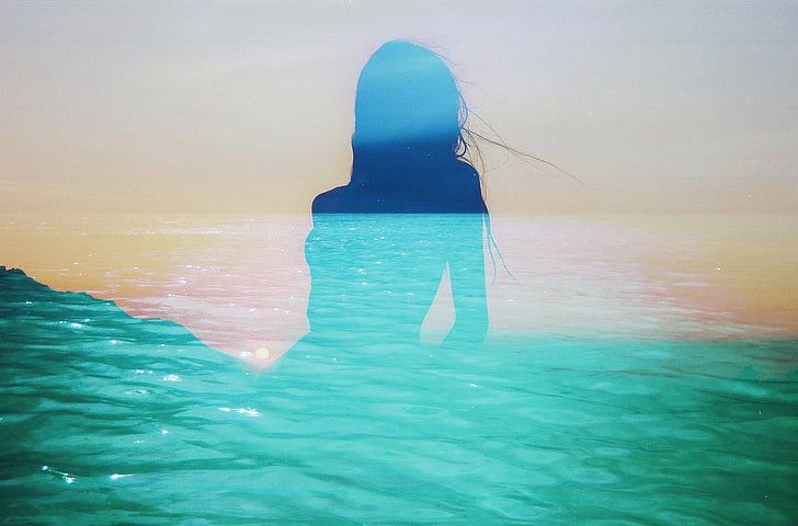 женщины, вода, двойная экспозиция, голубой, море, HD обои