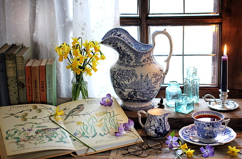 white-and-blue toile ceramic jar and teacup with saucer, flowers, tea, books, candle, window, glasses, Cup, bottle, pitcher, still life, Krokus, Narcissus, periwinkle, HD wallpaper HD wallpaper