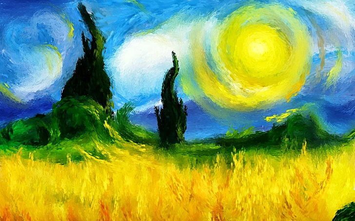 lukisan abstrak biru dan kuning, berwarna-warni, impresionisme modern, lanskap, lukisan, karya seni, Wallpaper HD