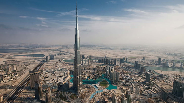 panoramiczne zdjęcie lotnicze wieży Burj Khalifa, Dubaj, Burj Khalifa, Tapety HD