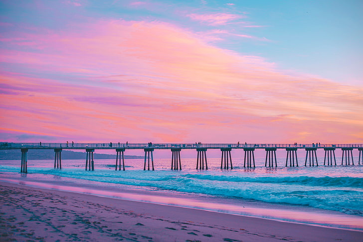 кафява настилка, кей, море, сърф, розово, плаж Хермоза, Калифорния, HD тапет