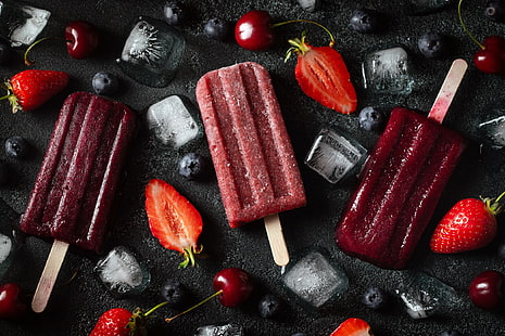 Еда, мороженое, ягоды, вишня, фрукты, кубики льда, эскимо, клубника, HD обои HD wallpaper