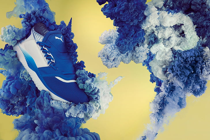 синя и бяла обувка на връзки Puma, маратонки Puma, Explosion, Blue, 4K, HD тапет
