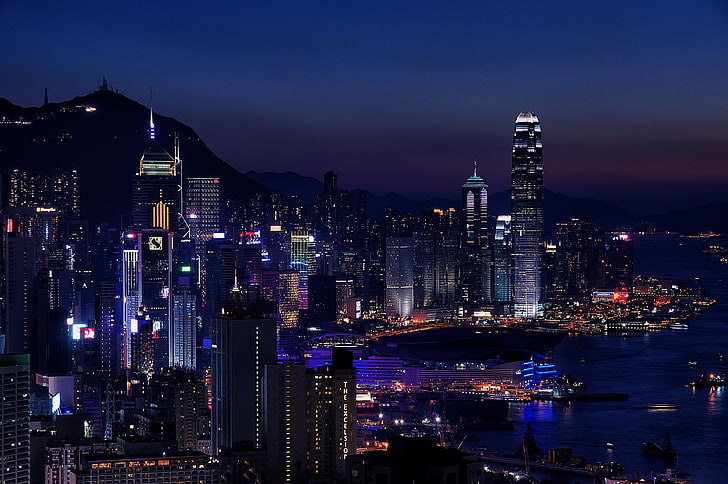 night city, city lights, metropolis, skyscrapers, hong kong, HD wallpaper