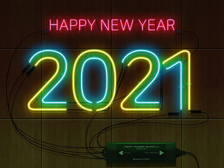 insegna al neon, 2021 felice anno nuovo, anno nuovo, struttura di legno, Sfondo HD