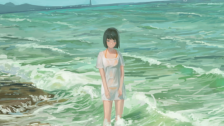 черноволосая женщина аниме персонаж обои, аниме, манга, аниме девушки, море, пляж, лето, короткие волосы, HD обои