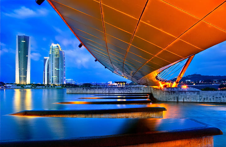 kota, perkotaan, pencakar langit, Malaysia, jembatan, sungai, Wallpaper HD