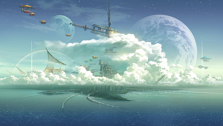 body of water, anime, fantasy art, sky, planet, futuristic city, clouds, HD wallpaper
