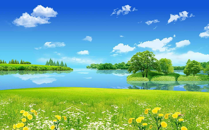 Letni Krajobraz, drzewa, rzeka, niebo, trawa, chmury, lato, kwiaty, nature et paysages, Fond d'écran HD