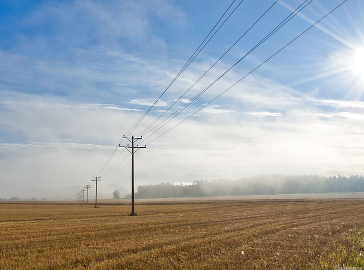 Morning Mist At Liljendal, Nature, Landscape, Morning, Field, Mist, Barn, Southern, Finland, Country, Countryside, easternuusimaa, liljendal, powerline, HD wallpaper