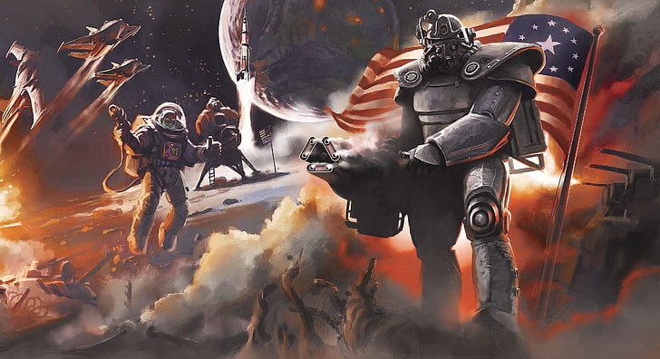 иллюстрация космонавтов, Fallout 4, Bethesda Softworks, Brotherhood of Steel, ядерная, апокалиптическая, видеоигры, Fallout, силовая броня, HD обои