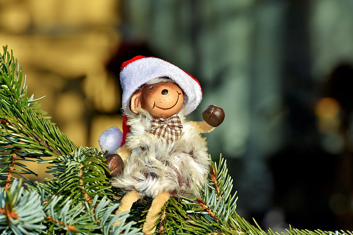 brown and gray monkey plastic toy, monkey, new year, fir, toy, HD wallpaper