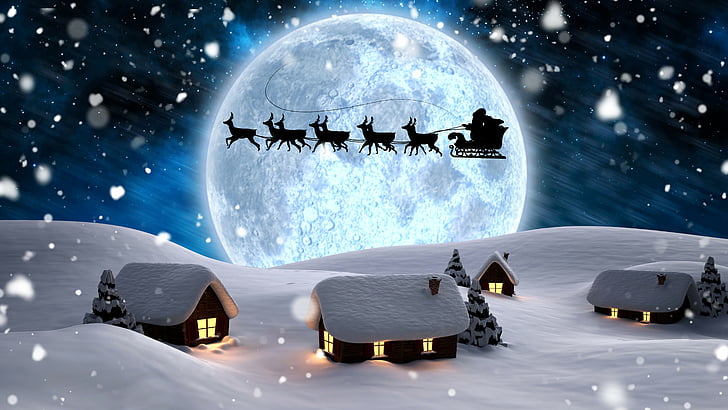 Дядо Коледа в карета с елени над къщи, покрити със сняг, Коледа, Нова година, Дядо Коледа, елени, луна, нощ, зима, сняг, 5k, HD тапет