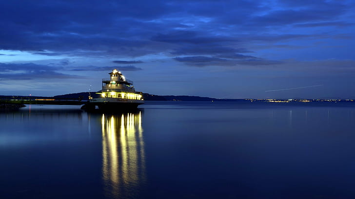 white lighted yacht on sea under blue sky, puget sound, puget sound, Puget Sound, white, yacht, sea, blue sky, Tacoma  Washington, Photography, Long Exposure, second, Landscape, Boat, Ruston, night, architecture, church, famous Place, dusk, reflection, sunset, water, HD wallpaper