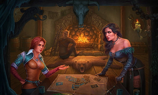 видео игри, The Witcher 3: Wild Hunt, рисунка, Geralt of Rivia, Triss Merigold, Yennefer of Vengerberg, Yennefer, механа, камина, две жени, картон, жени на закрито, The Witcher, магьосница, Gwent, HD тапет HD wallpaper