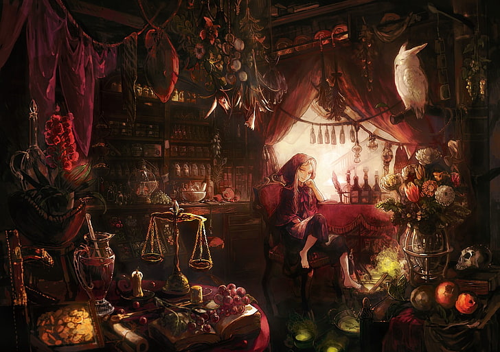 seni anime mage merah, buah, burung hantu, karakter asli, Little Red Riding Hood, Wallpaper HD