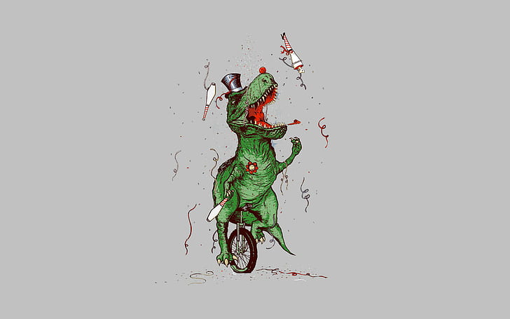 Цирковой динозавр, иллюстрация зеленого динозавра, цифровое искусство, 2560x1600, динозавр, цирк, HD обои