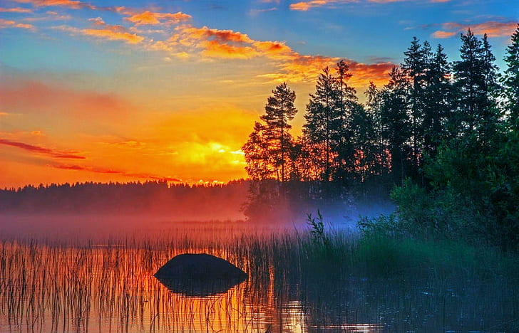 Żegnaj lato, natura, drzewa, promienie słońca, jeziora, finlandia, miejsca, trawa, lato, piękny, wschód słońca, fotografia, do widzenia-lato, Tapety HD