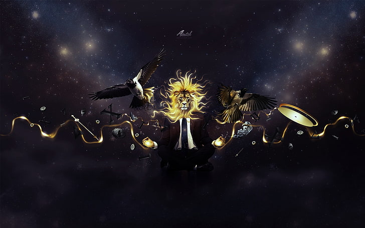 ภาพประกอบสิงโตเหลืองสิงโตศิลปะดิจิตอลอวกาศศิลปะอวกาศสัตว์, วอลล์เปเปอร์ HD