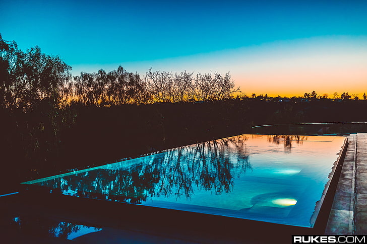 piscine, réflexion, coucher de soleil, arbres morts, Rukes, photographie, Fond d'écran HD