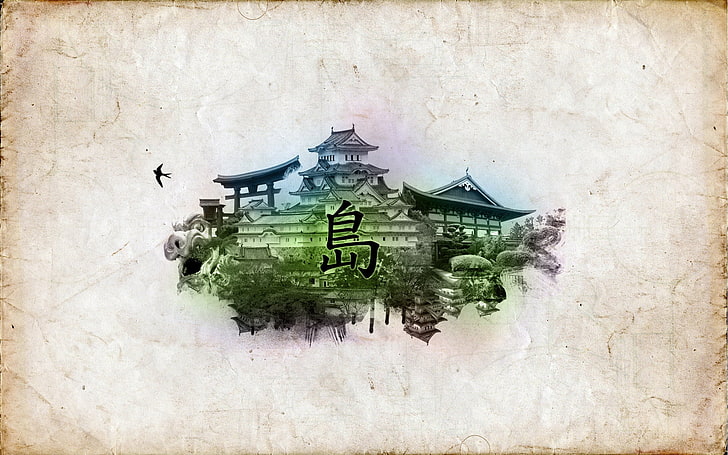 green castle painting, china, culture, building, drawing, paper, HD wallpaper