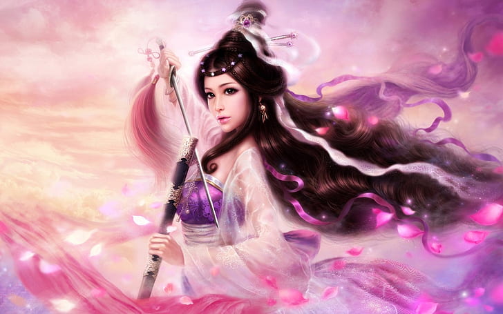 Long hair purple girl sword, Long, Hair, Purple, Girl, Sword, HD wallpaper