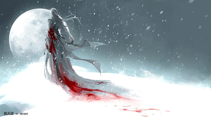 човек, облечен в бяла и червена рокля илюстрация, сняг, кръв, луна, фентъзи изкуство, зима, HD тапет