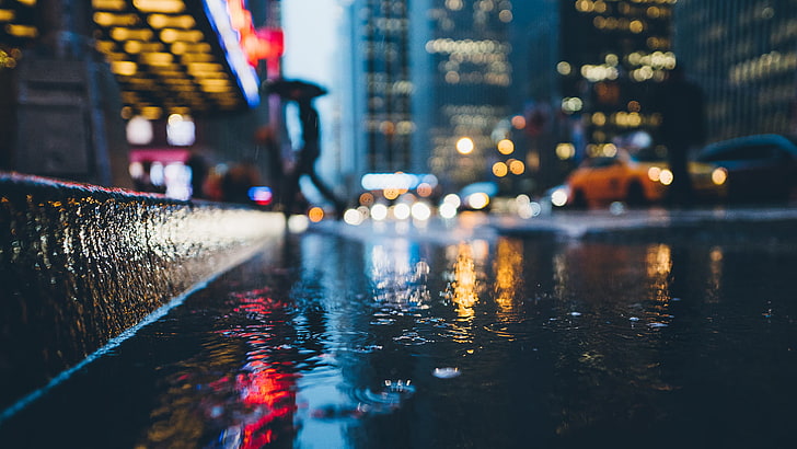 body of water, close-up photo of water in street during day time, taxi, rain, street, bokeh, car, water, macro, blurred, cityscape, HD wallpaper