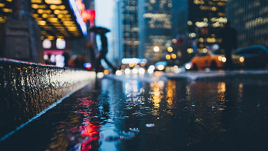 body of water, close-up photo of water in street during day time, taxi, rain, street, bokeh, car, water, macro, blurred, cityscape, HD wallpaper HD wallpaper