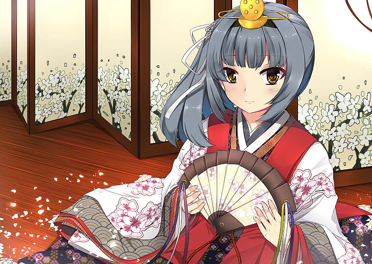 kancolle, kasumi, petals, kimono, kantai collection, Anime, HD wallpaper