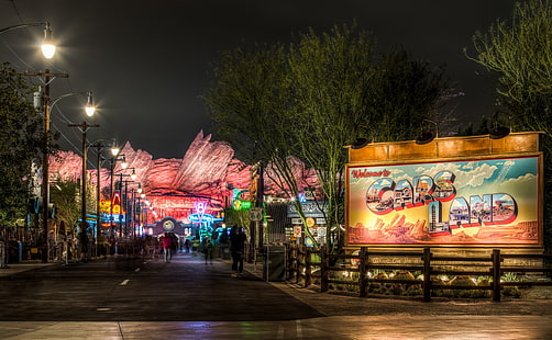 Welcome to Cars Land, Cars Land signage, United States, California, Attraction, Disneyland, Disney California Adventure, Cars Land, HD wallpaper HD wallpaper