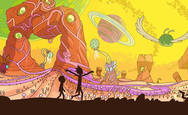 ilustracja sylwetki dwóch postaci z kreskówek, Rick and Morty, Adult Swim, kreskówka, przestrzeń, animacja, planeta, Rick Sanchez, Morty Smith, Tapety HD