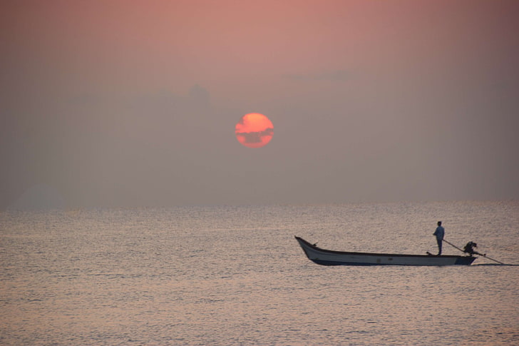 beach, fisherman, ocean, sunrise, HD wallpaper
