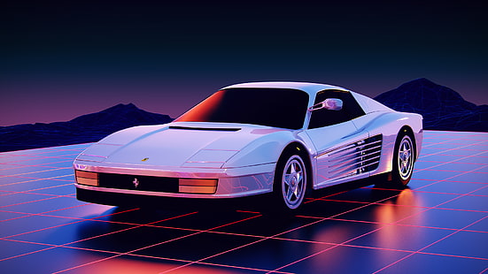 бяло купе, Ferrari Testarossa, планини, ретро стил, 1980-те, отражение, HD тапет HD wallpaper