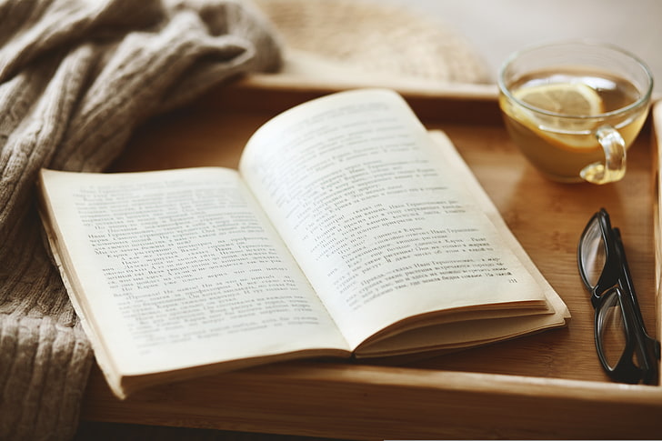 white book pages, comfort, lemon, tea, glasses, book, sweater, tray, HD wallpaper