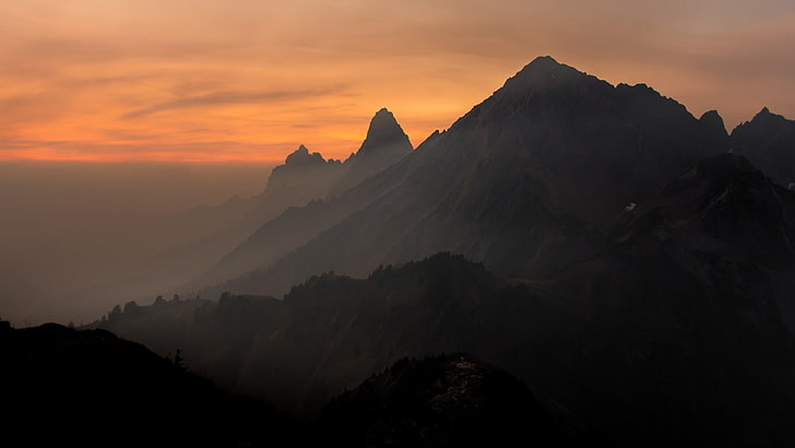 pegunungan, matahari terbenam, gunung, alam, kabut, Wallpaper HD