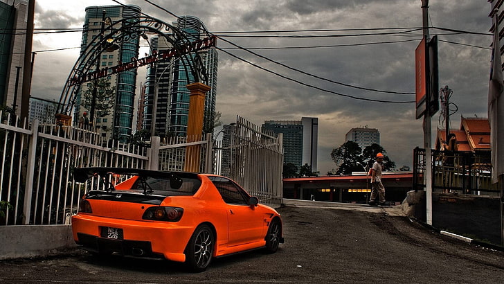 orange coupe, car, HD wallpaper