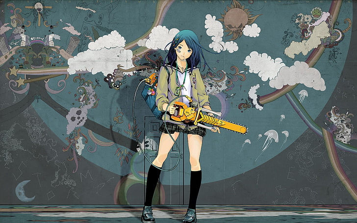 anime, anime girls, original characters, clouds, miniskirt, blue hair, HD wallpaper