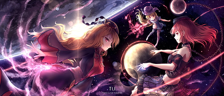 Anime, Touhou, Clownpiece (Touhou), Hecatia Lapislazuli, Junko (Touhou), Wallpaper HD