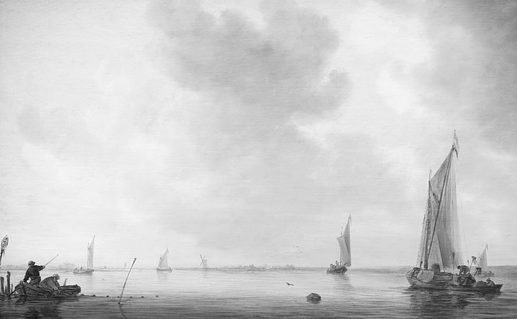 To The Sea, gray sailing boats, Black and White, Museum, Boat, Chicago, Painting, illinois, 111 South Michigan Avenue, Art Institute Chicago, Art Institute of Chicago, Chicago Art Institute, fishing boats off an estuary, jan van goyen, the art institute of chicago, HD wallpaper
