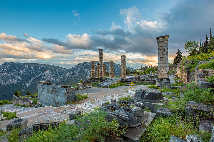 gray stones, mountains, Greece, ruins, column, Delphi, HD wallpaper